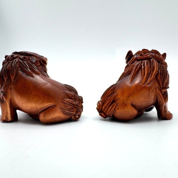 Ojime Netsuke 2 Foo Dog Lion Figurines Hand-Carved Boxwood Signed No Hole #3 - Picture 6 of 10